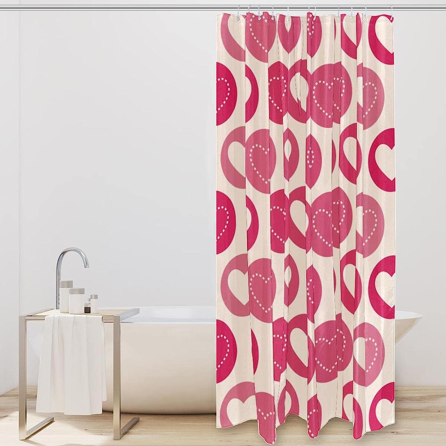 Pink Love Heart Pattern Geometric Shower Curtain, Romantic Bathroom Decor