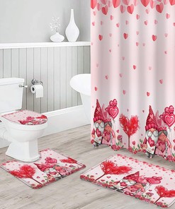 Pink Love Heart Tree Gnomes and Roses Bathroom Shower Curtain