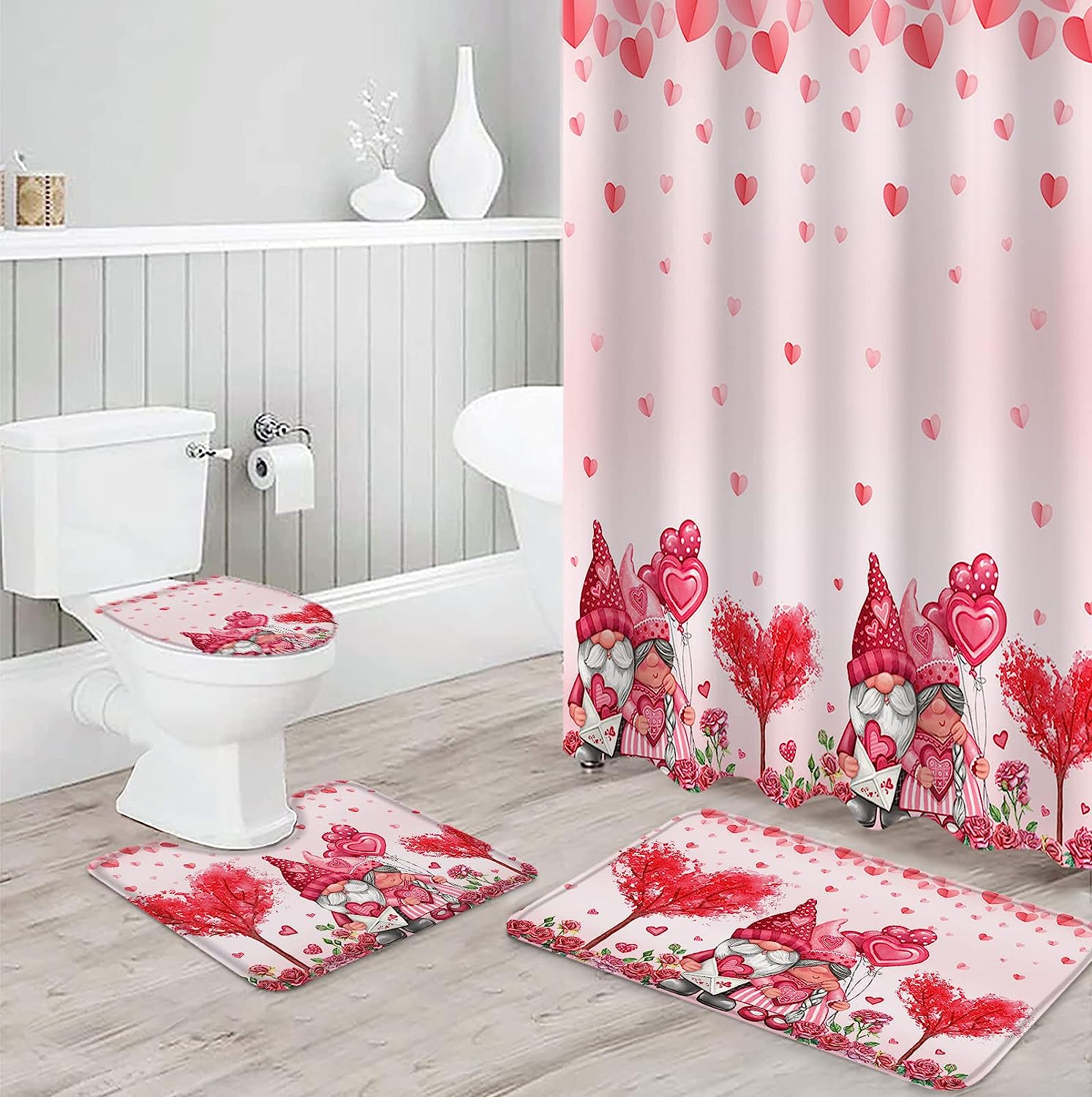 Pink Love Heart Tree Gnomes and Roses Bathroom Shower Curtain
