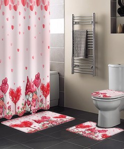 Pink Love Heart Tree Gnomes and Roses Bathroom Shower Curtain