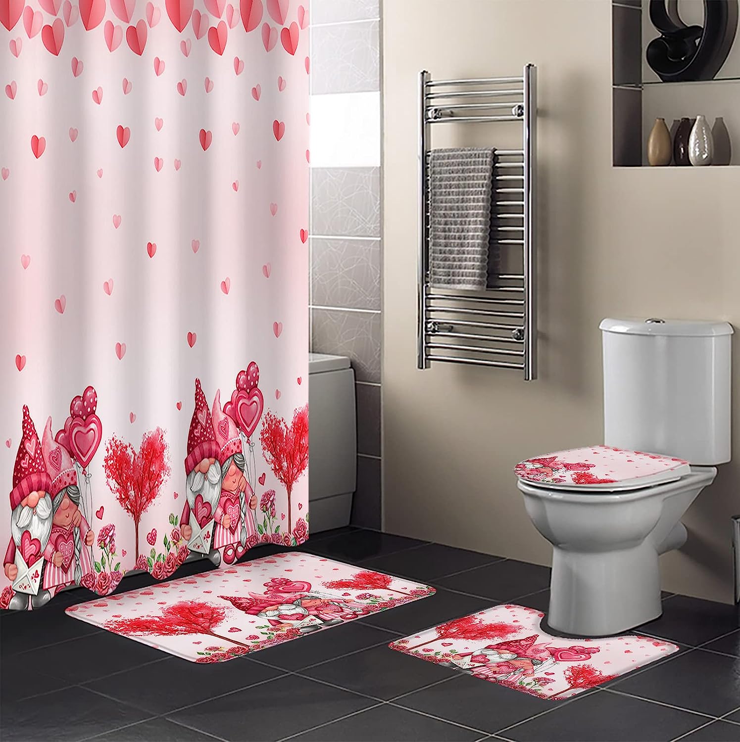 Pink Love Heart Tree Gnomes and Roses Bathroom Shower Curtain