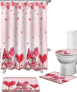 Pink Love Heart Tree Gnomes and Roses Bathroom Shower Curtain