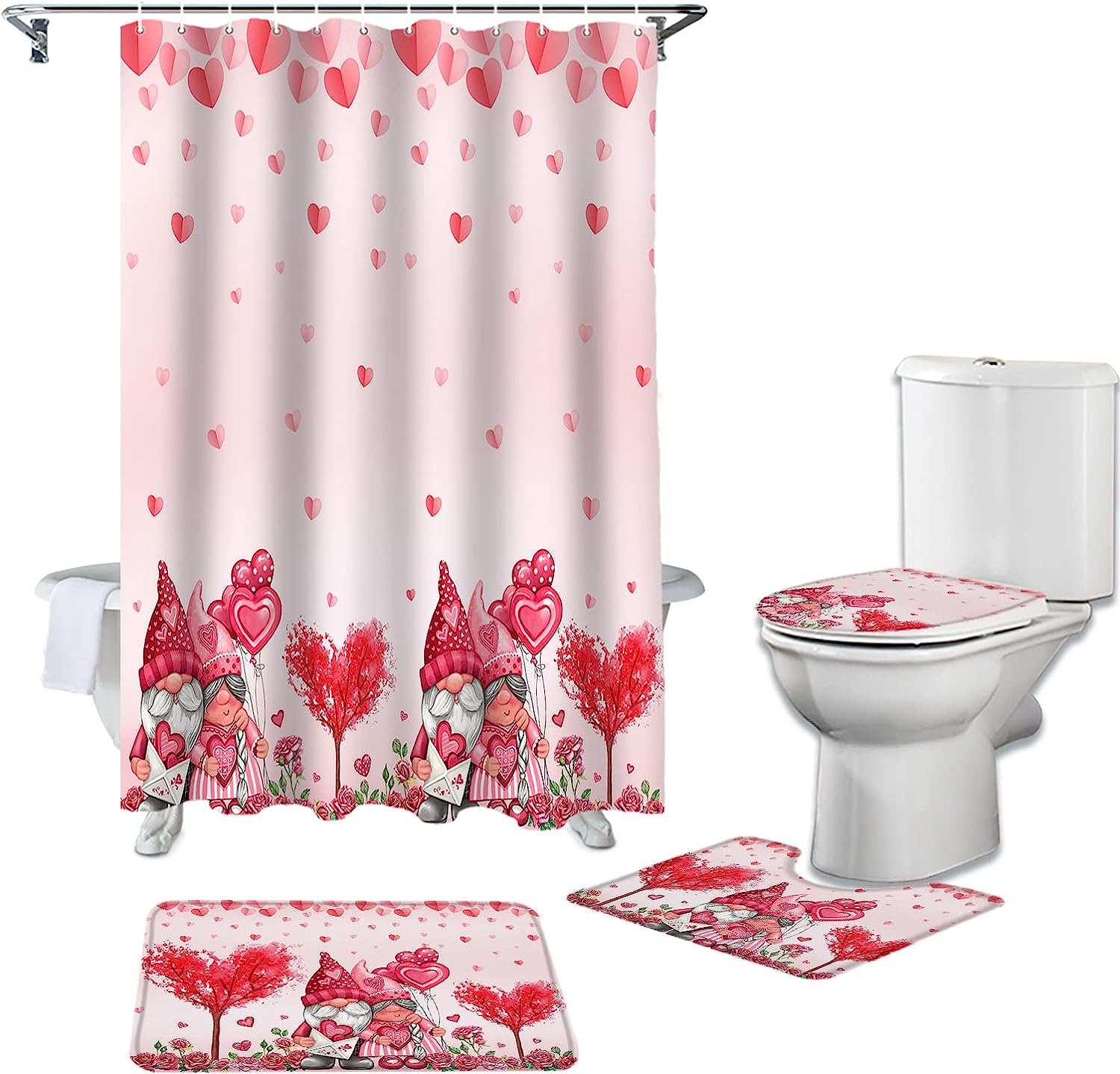 Pink Love Heart Tree Gnomes and Roses Bathroom Shower Curtain