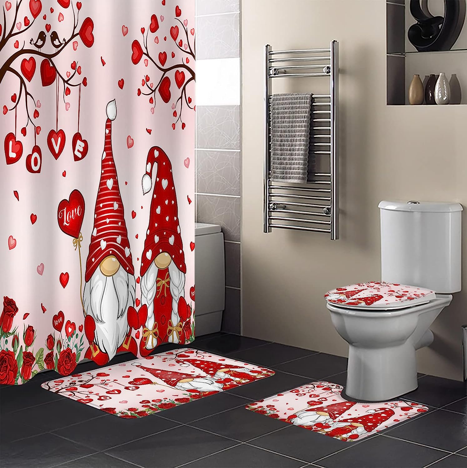 Pink Love Heart Tree Red Roses Waterproof Shower Curtain for Valentine's Day