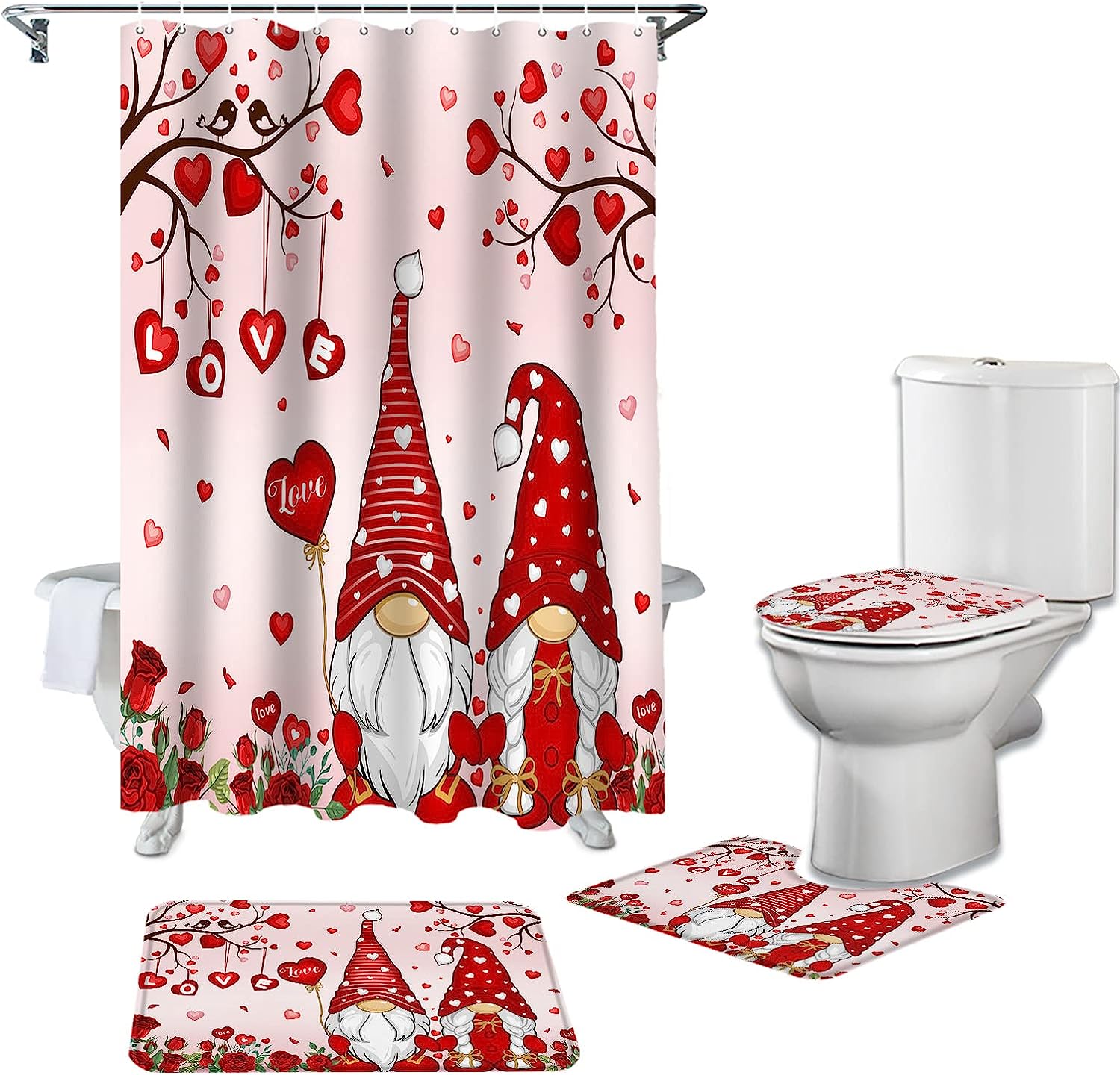 Pink Love Heart Tree Red Roses Waterproof Shower Curtain for Valentine's Day