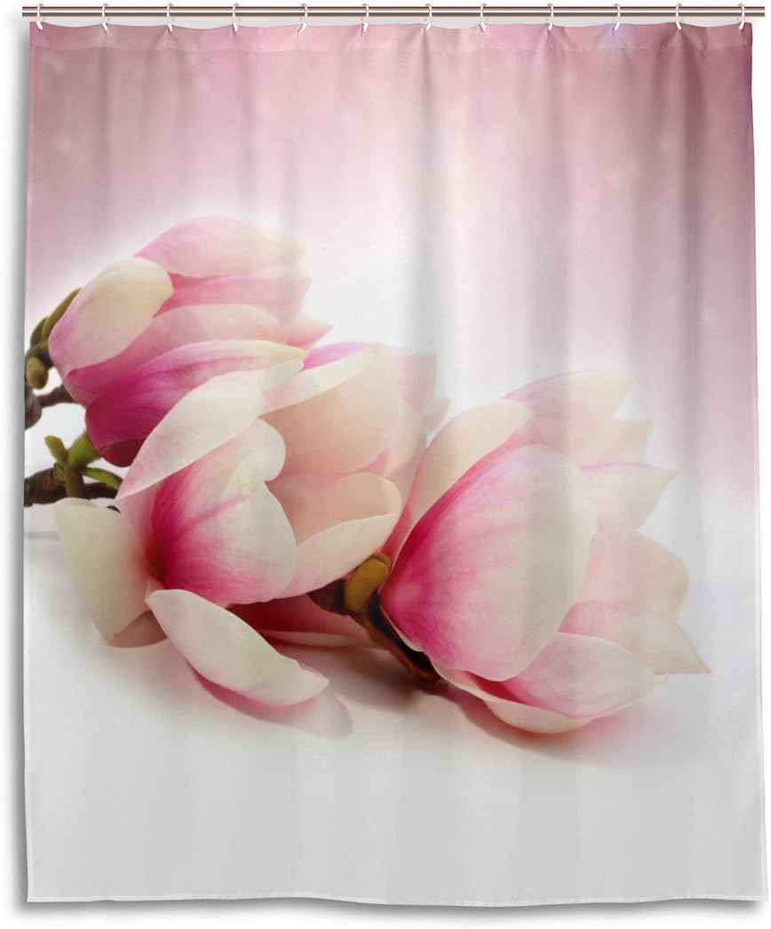 Pink Magnolia Flower Fabric Bathroom Shower Curtain - Elegant Waterproof Bath Curtain by Ethel Ernest