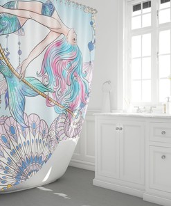 Pink Mermaid Print Shower Curtain for Girls Bathroom Beach Decor