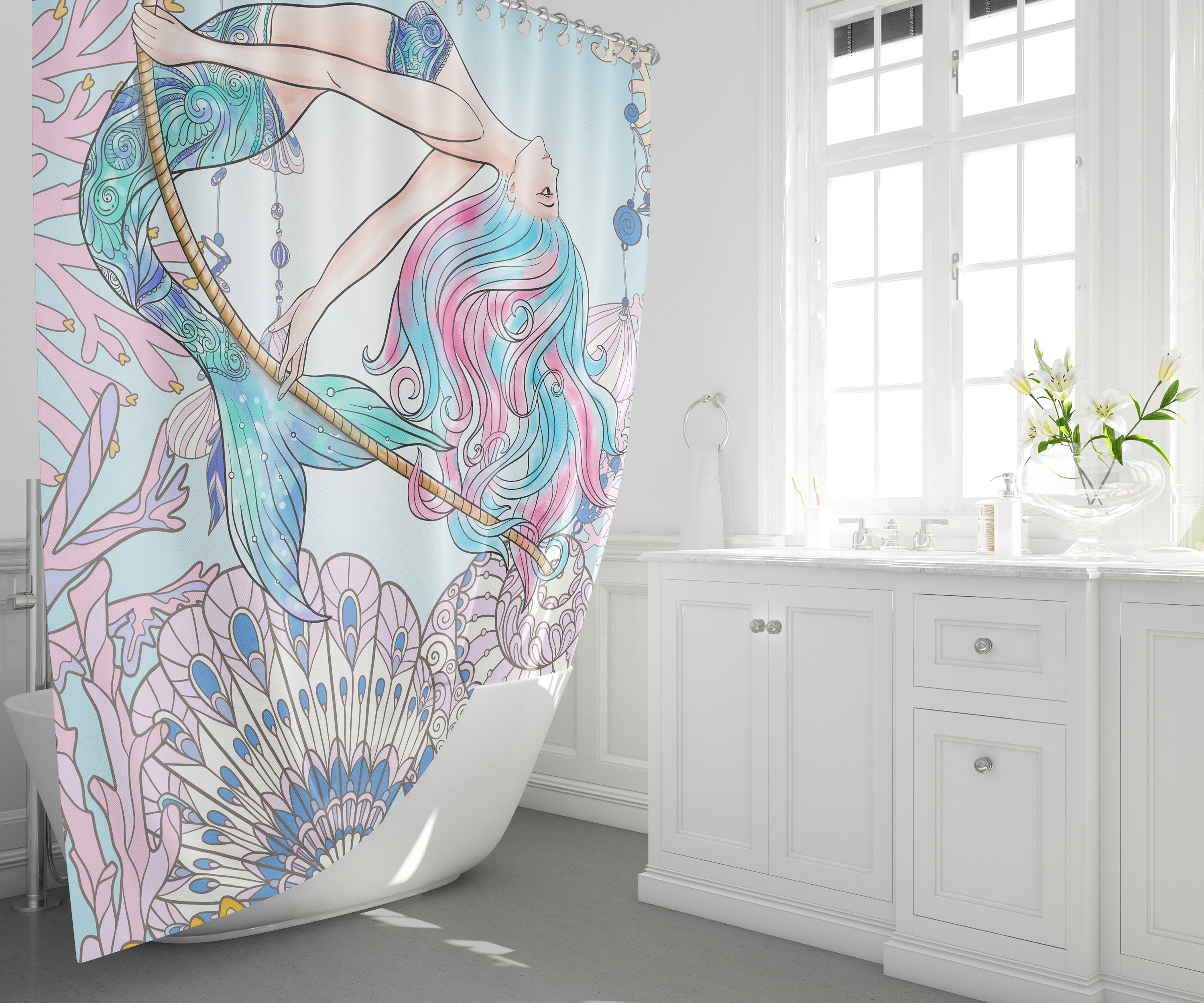 Pink Mermaid Print Shower Curtain for Girls Bathroom Beach Decor