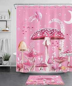 Pink Moon Fish, Jellyfish, and Mushroom Shower Curtain: Cute and Whimsical Bathroom Accessories for Adults and Kids