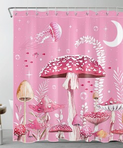 Pink Moon Fish, Jellyfish, and Mushroom Shower Curtain: Cute and Whimsical Bathroom Accessories for Adults and Kids
