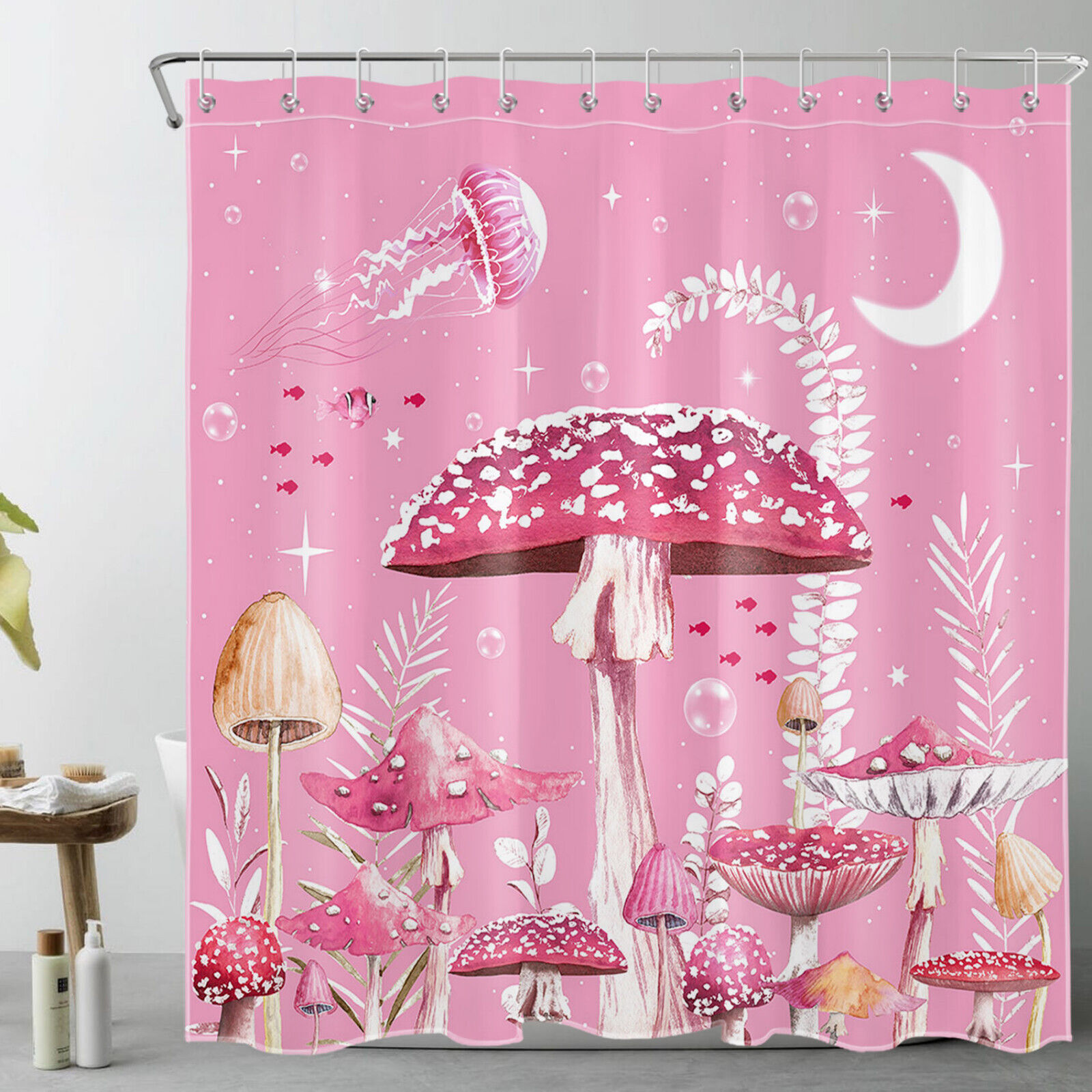 Pink Moon Fish, Jellyfish, and Mushroom Shower Curtain: Cute and Whimsical Bathroom Accessories for Adults and Kids