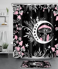 Pink Mushroom Space Shower Curtain, Moon Phase Bathroom Accessories Set