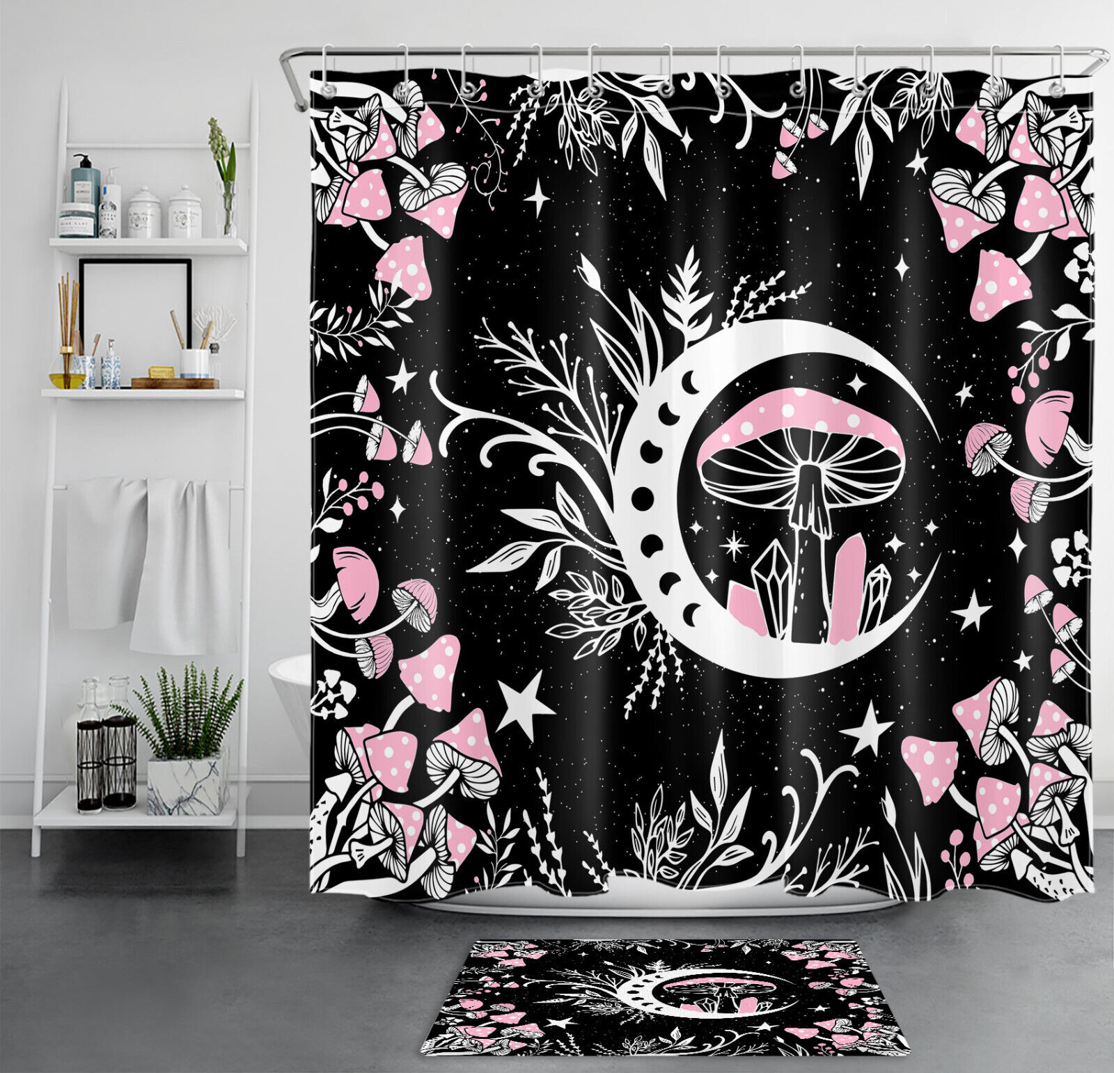 Pink Mushroom Space Shower Curtain, Moon Phase Bathroom Accessories Set