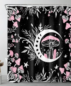 Pink Mushroom Space Shower Curtain, Moon Phase Bathroom Accessories Set