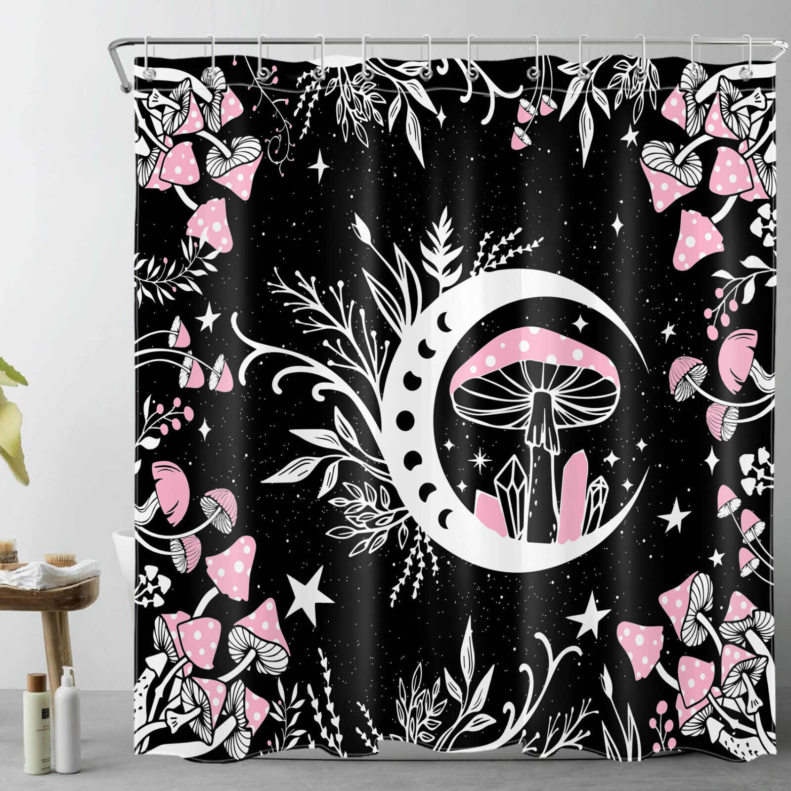 Pink Mushroom Space Shower Curtain, Moon Phase Bathroom Accessories Set