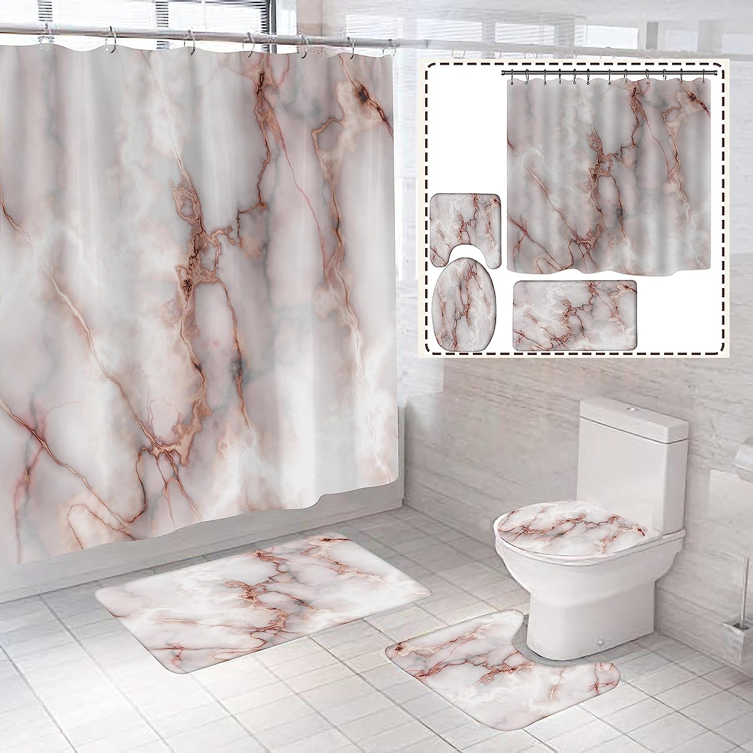 Pink Natural Marble Bohistar Shower Curtain, Gold And White Stone Texture For The Bathroom - Image 2
