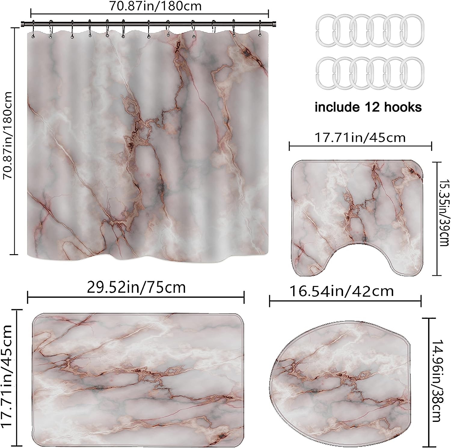 Pink Natural Marble Bohistar Shower Curtain, Gold And White Stone Texture For The Bathroom - Image 3