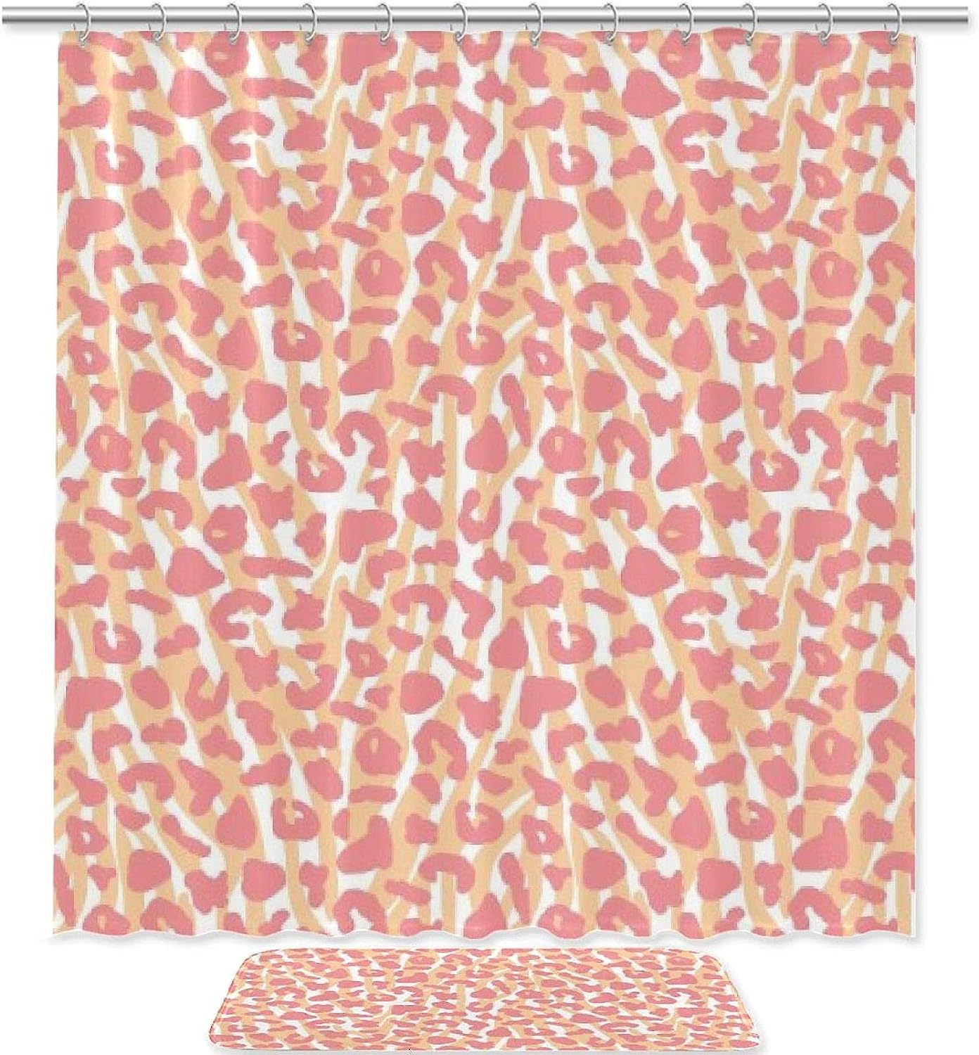 Pink Orange Leopard Print Printed Bathroom Tub Set With Waterproof Fabric Shower Curtain