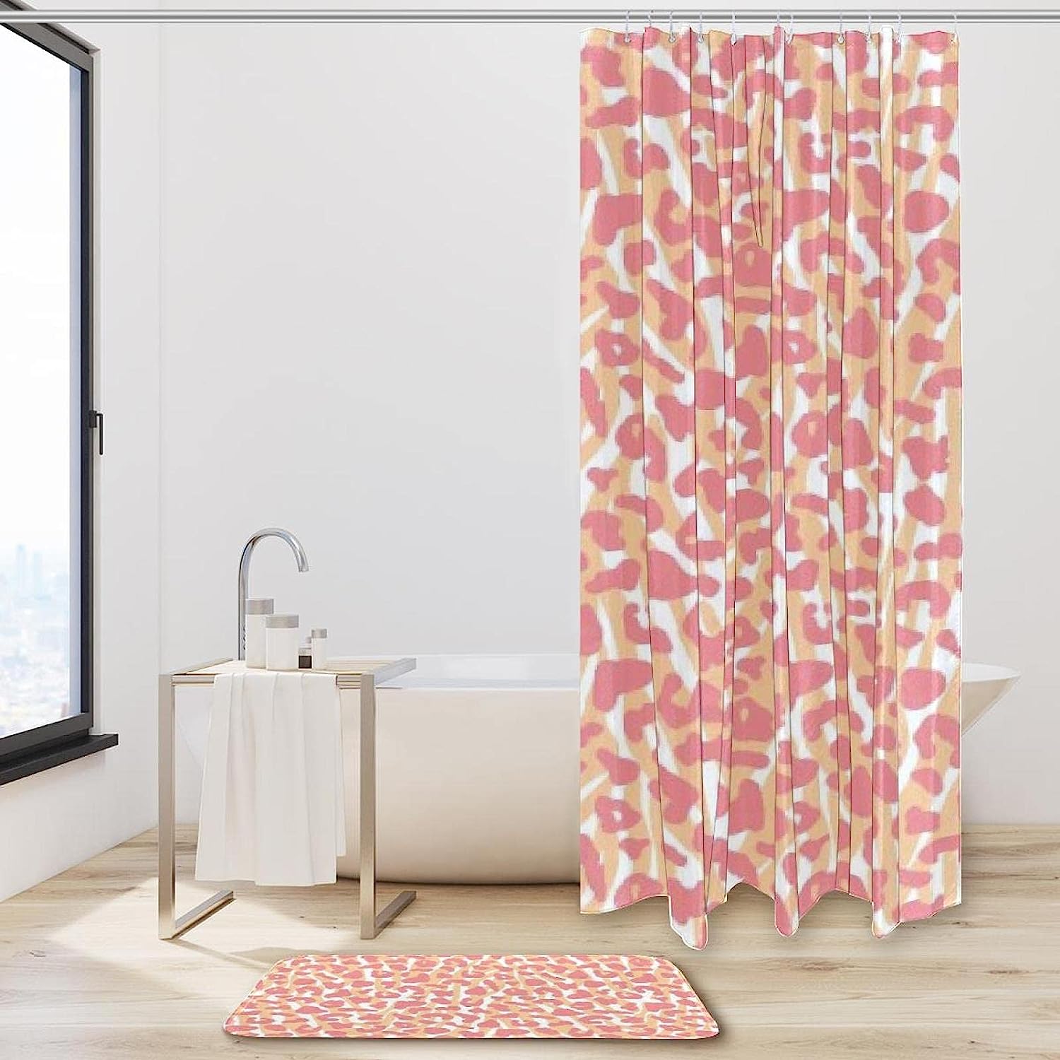 Pink Orange Leopard Print Printed Bathroom Tub Set With Waterproof Fabric Shower Curtain - Image 2