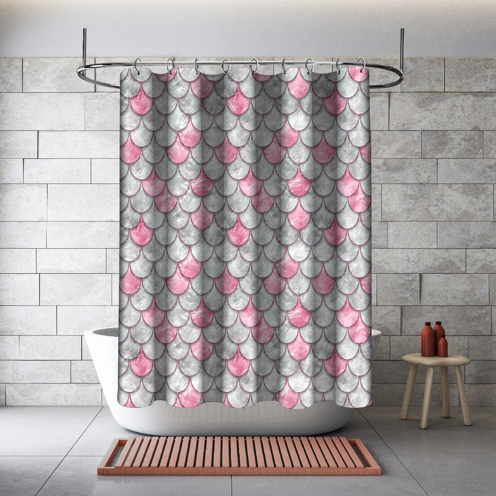 Pink Pearl Fish Scales Shower Curtain, Geometric Bathroom Fabric Decor