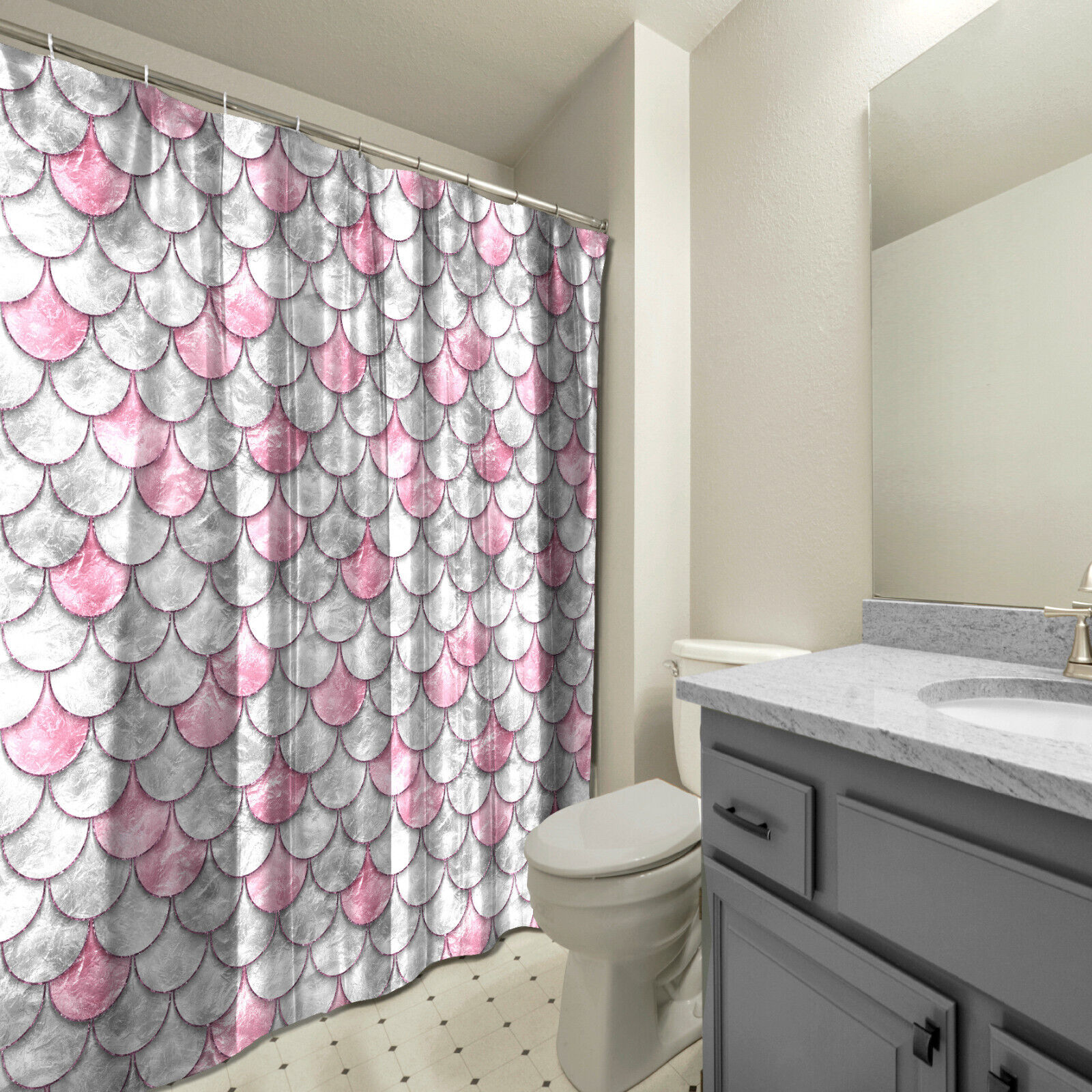 Pink Pearl Fish Scales Shower Curtain, Geometric Bathroom Fabric Decor