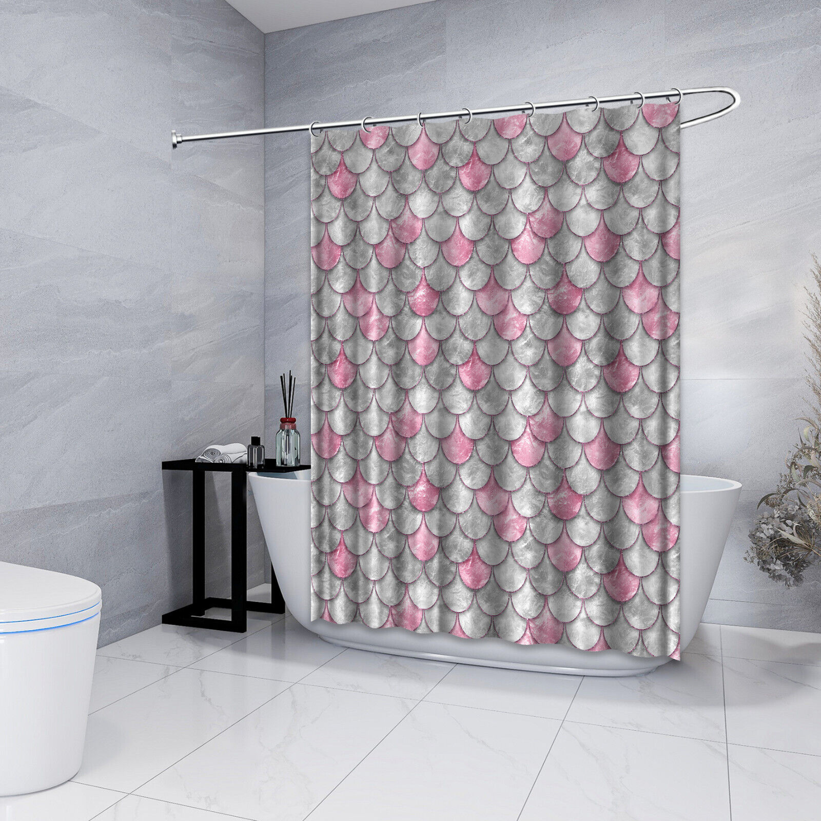Pink Pearl Fish Scales Shower Curtain, Geometric Bathroom Fabric Decor