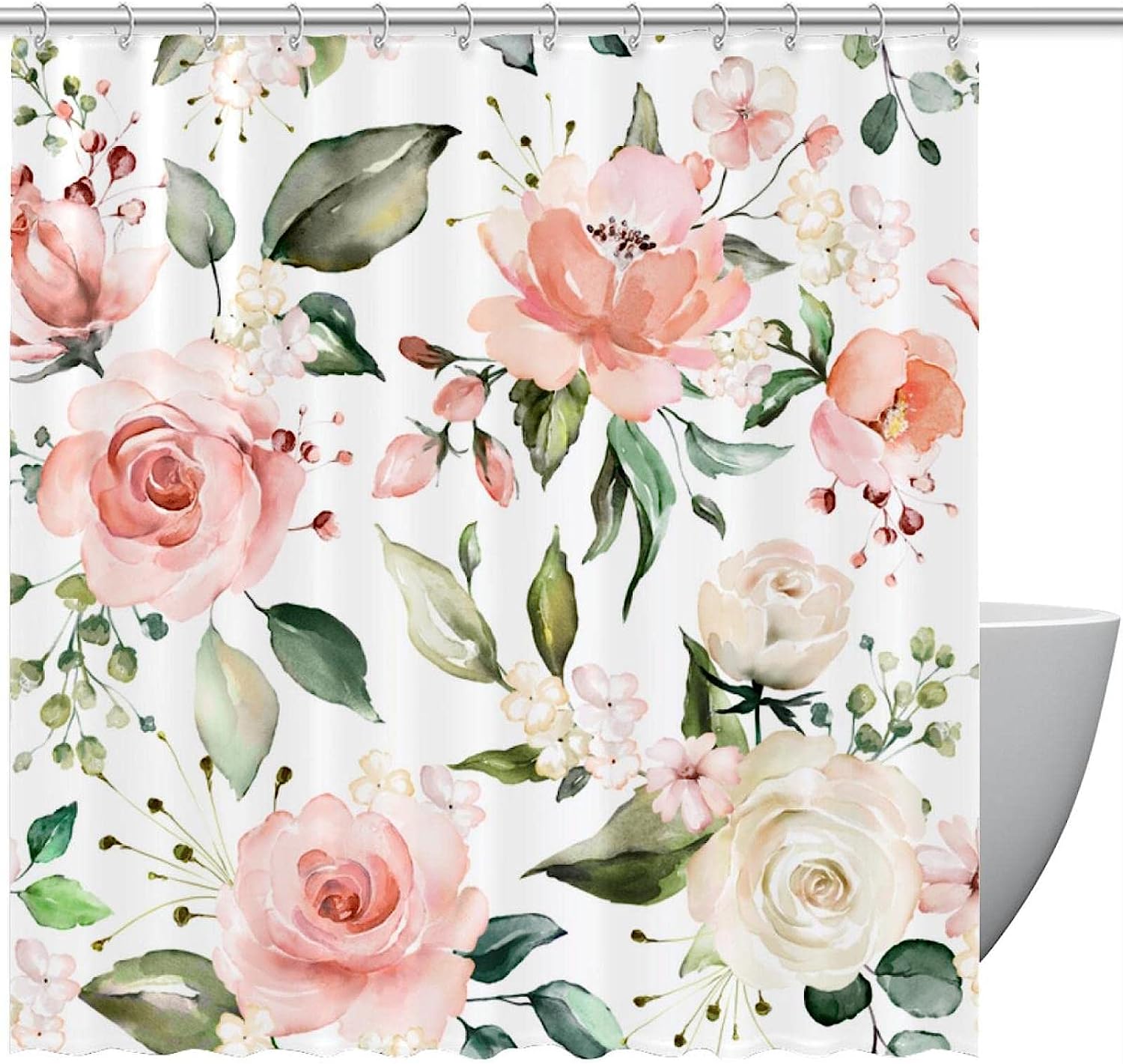 Pink Peonies White Roses Floral Fabric Shower Curtain for Bathroom Decor