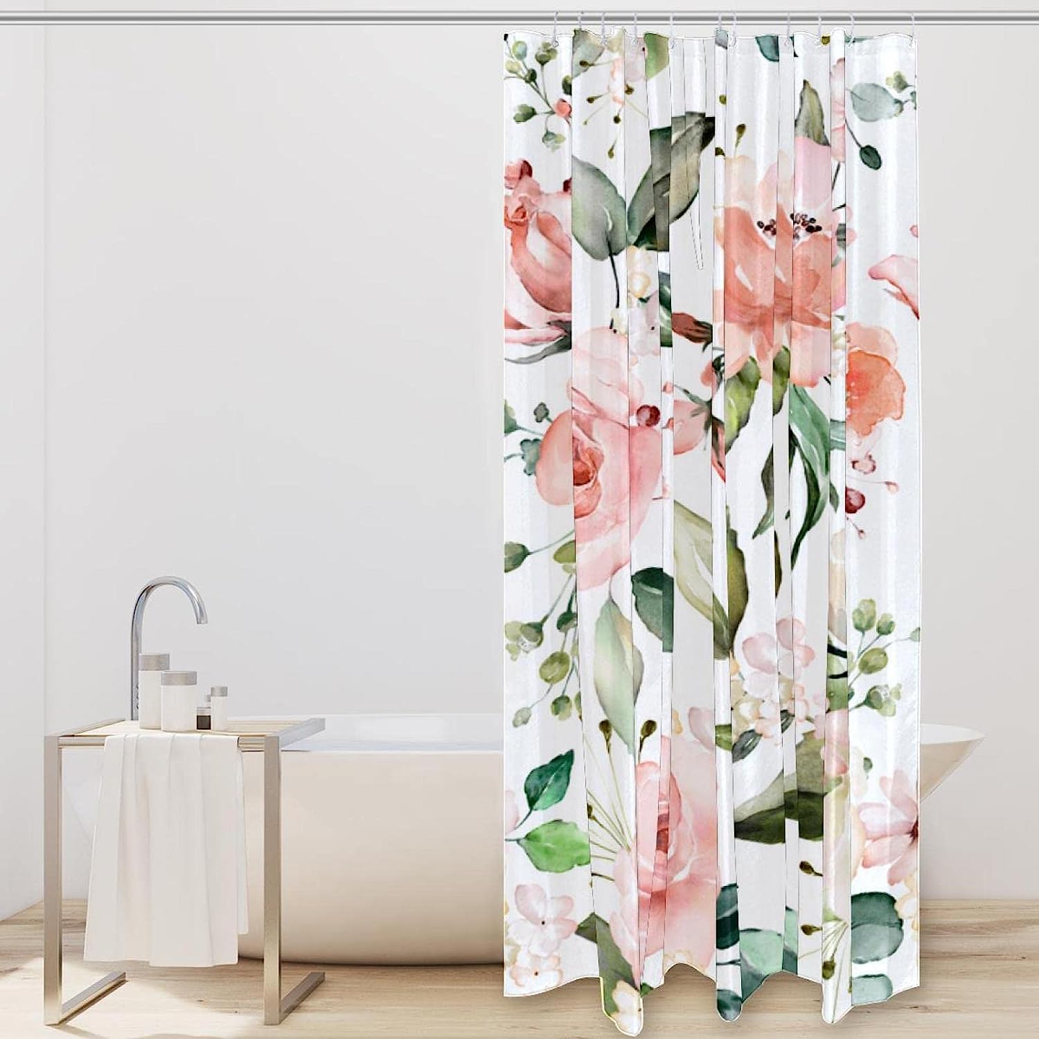 Pink Peonies White Roses Floral Fabric Shower Curtain for Bathroom Decor