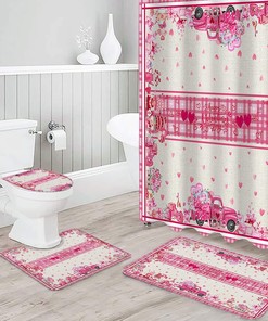 Pink Plaid Love Hearts Shower Curtain | Valentine's Day Gnomes Truck Roses Burlap Bathroom Decor