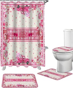 Pink Plaid Love Hearts Shower Curtain | Valentine's Day Gnomes Truck Roses Burlap Bathroom Decor