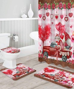 Pink Plaid Love Hearts Truck Shower Curtain | Valentine's Day Gnomes Roses Bathroom Decor