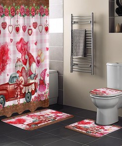 Pink Plaid Love Hearts Truck Shower Curtain | Valentine's Day Gnomes Roses Bathroom Decor