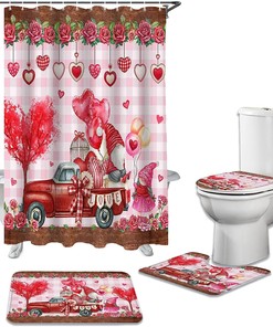 Pink Plaid Love Hearts Truck Shower Curtain | Valentine's Day Gnomes Roses Bathroom Decor