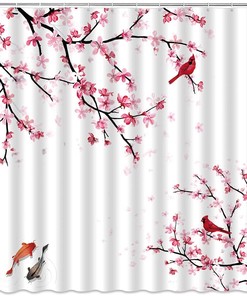 Pink Plum Flower Shower Curtain, Oriental Asian Japanese Bathroom Decor