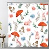 Pink Rabbit And Red Mushroom With Green Leaf Flower Shower Curtain For Cute Bathroom Decor, Waterproof Fabric Material