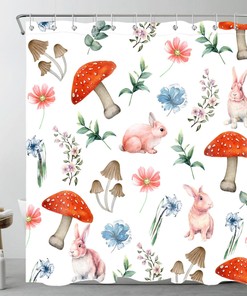 Pink Rabbit And Red Mushroom With Green Leaf Flower Shower Curtain For Cute Bathroom Decor, Waterproof Fabric Material