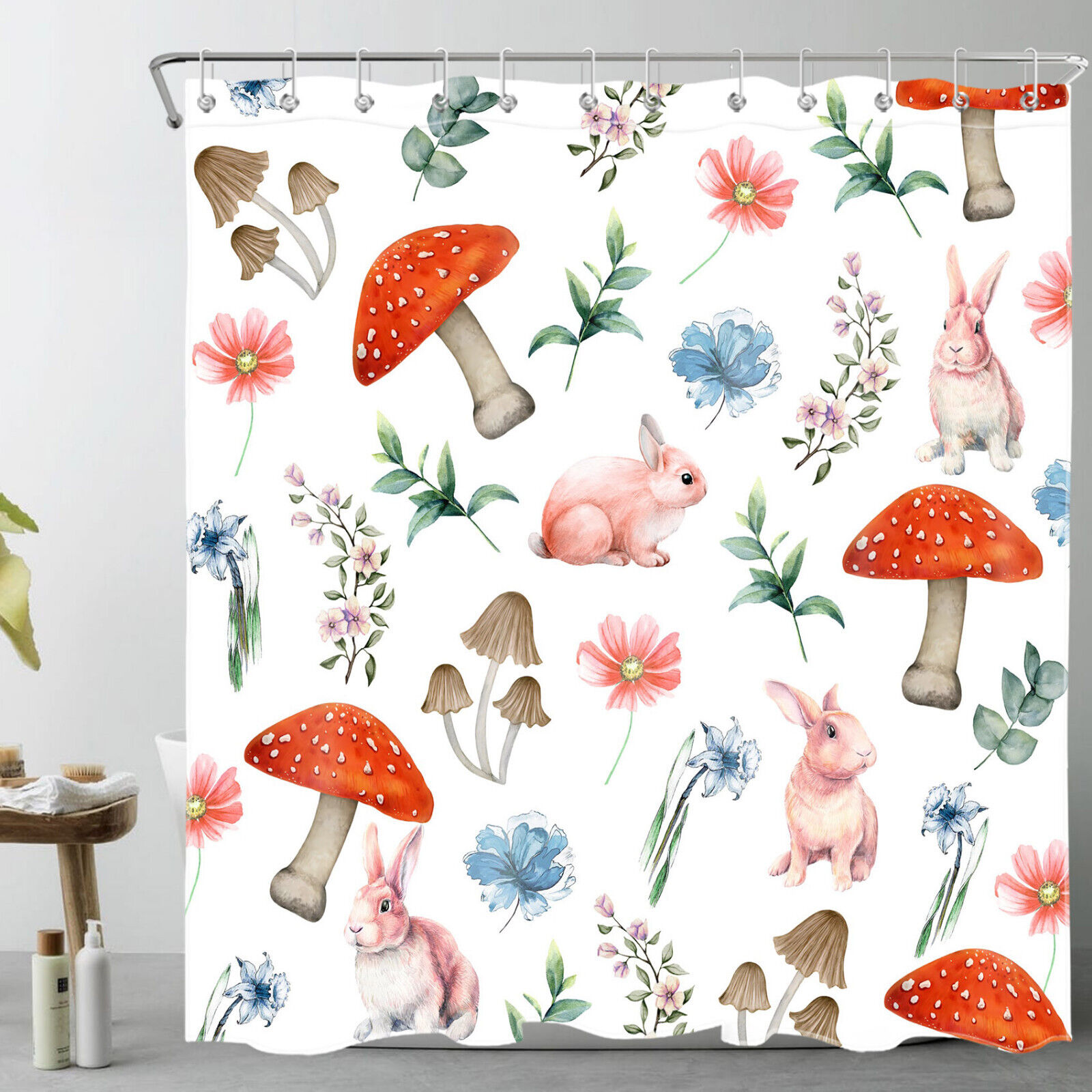 Pink Rabbit And Red Mushroom With Green Leaf Flower Shower Curtain For Cute Bathroom Decor, Waterproof Fabric Material