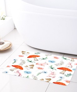 Pink Rabbit And Red Mushroom With Green Leaf Flower Shower Curtain For Cute Bathroom Decor, Waterproof Fabric Material