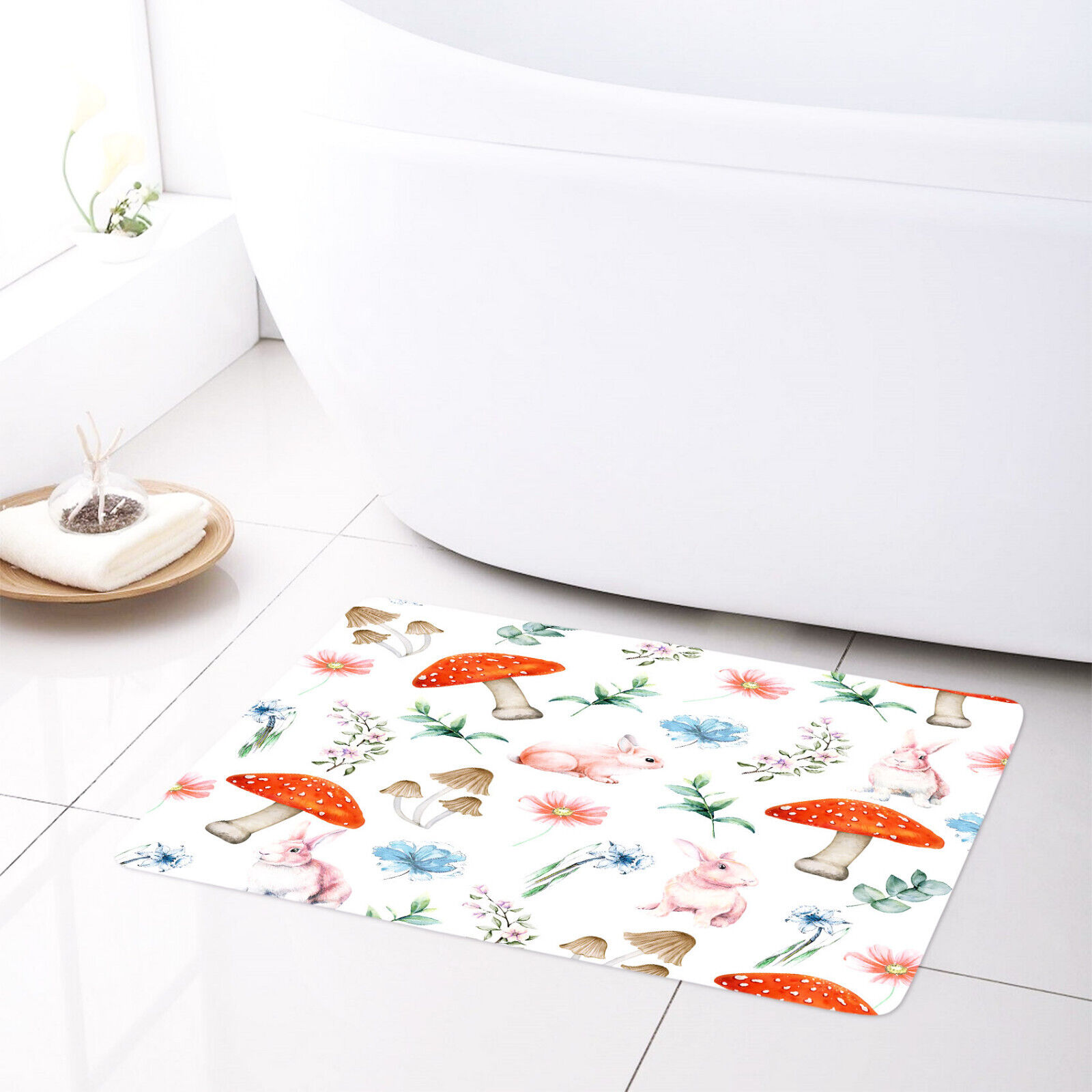 Pink Rabbit And Red Mushroom With Green Leaf Flower Shower Curtain For Cute Bathroom Decor, Waterproof Fabric Material