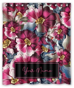 Pink Rose Boho Shower Curtain With Custom Name, Floral Bathroom Decor