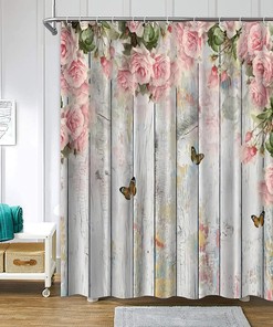 Pink Rose Illusion Floral Butterfly Shower Curtain for Bathroom, Wood Background Bath Curtain
