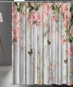 Pink Rose Illusion Floral Butterfly Shower Curtain for Bathroom, Wood Background Bath Curtain