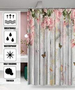 Pink Rose Illusion Floral Butterfly Shower Curtain for Bathroom, Wood Background Bath Curtain