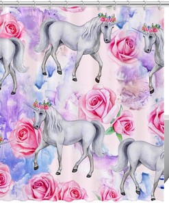 Pink Rose Unicorn Horse Print Fabric Shower Curtain for Whimsical Bathroom Decor