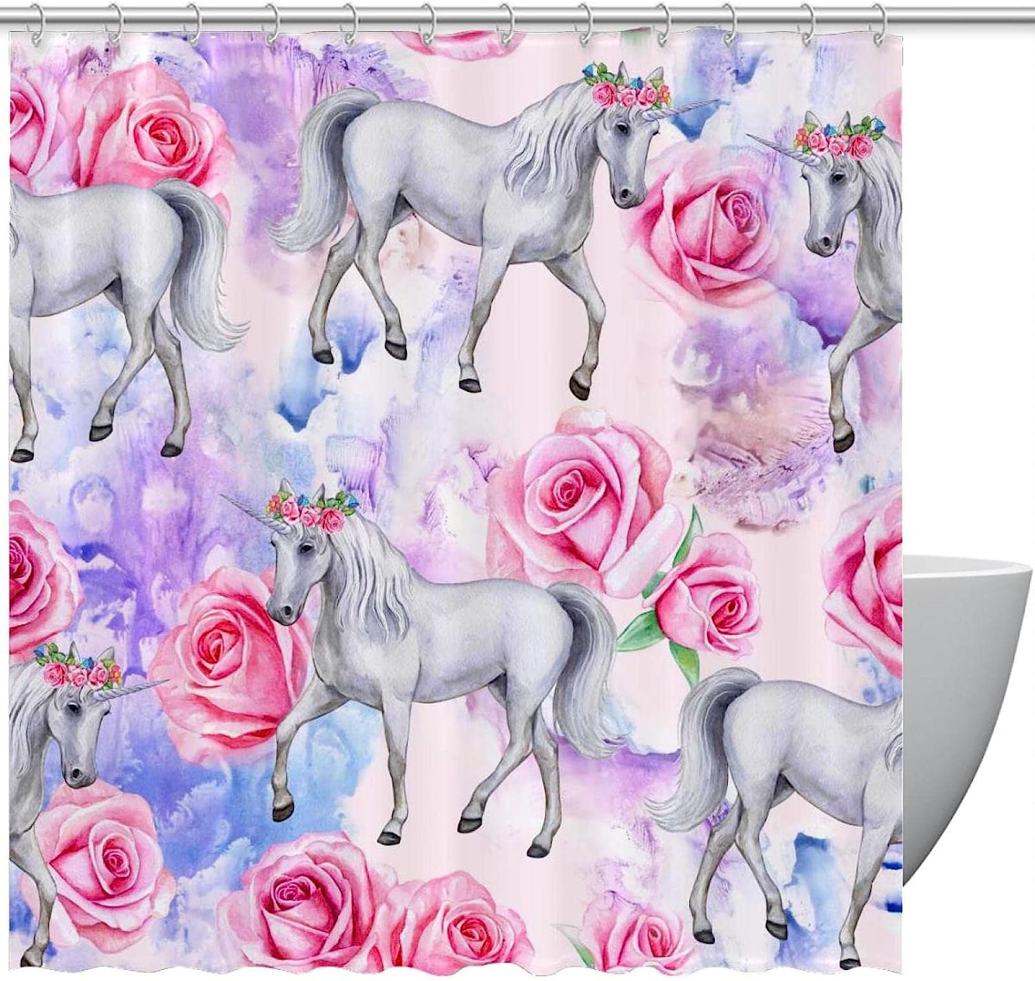 Pink Rose Unicorn Horse Print Fabric Shower Curtain for Whimsical Bathroom Decor