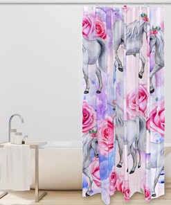 Pink Rose Unicorn Horse Print Fabric Shower Curtain for Whimsical Bathroom Decor
