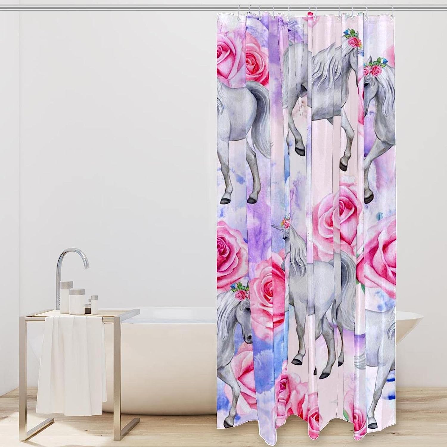 Pink Rose Unicorn Horse Print Fabric Shower Curtain for Whimsical Bathroom Decor