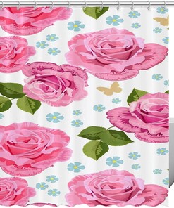 Pink Roses Blue Leaves Floral Fabric Shower Curtain for Bathroom Decor