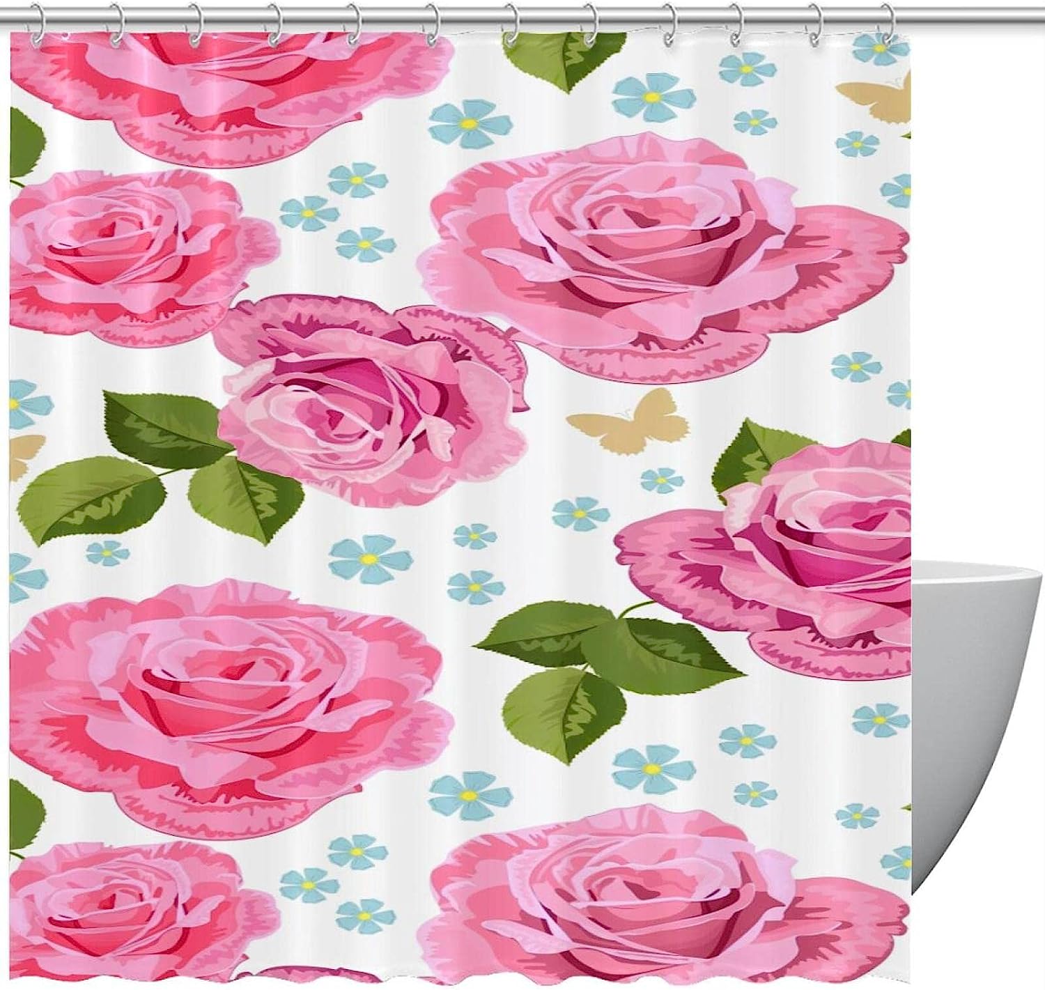 Pink Roses Blue Leaves Floral Fabric Shower Curtain for Bathroom Decor