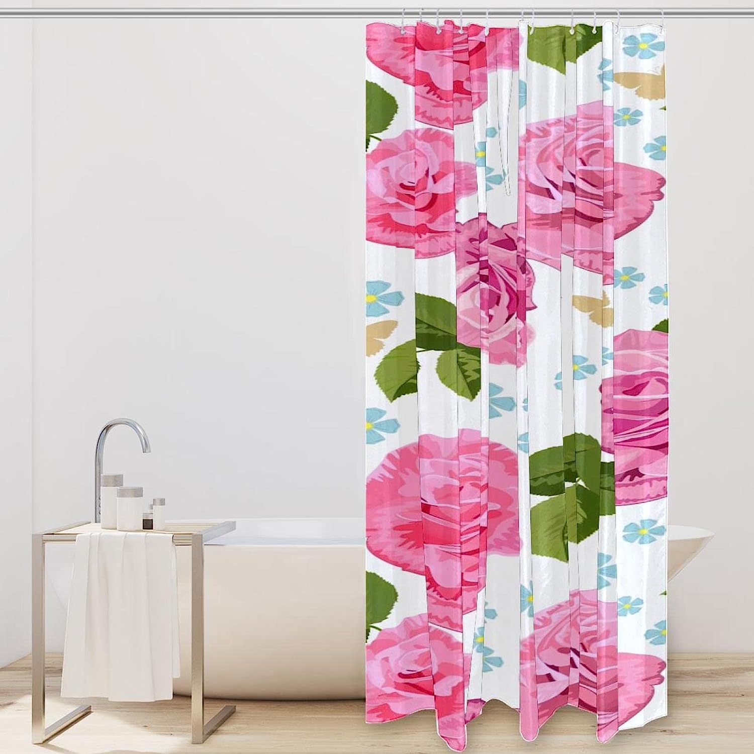 Pink Roses Blue Leaves Floral Fabric Shower Curtain for Bathroom Decor